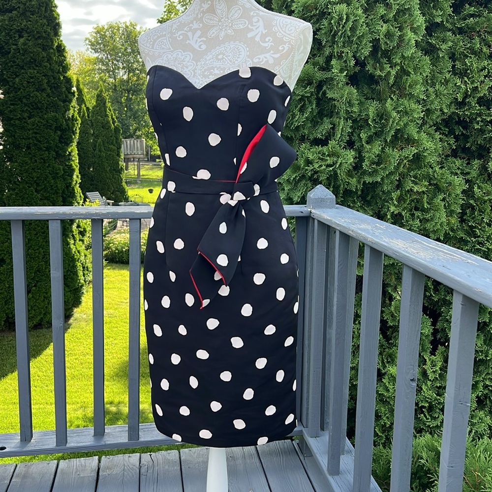Black dress with cream/white polka dots & bow sz 6